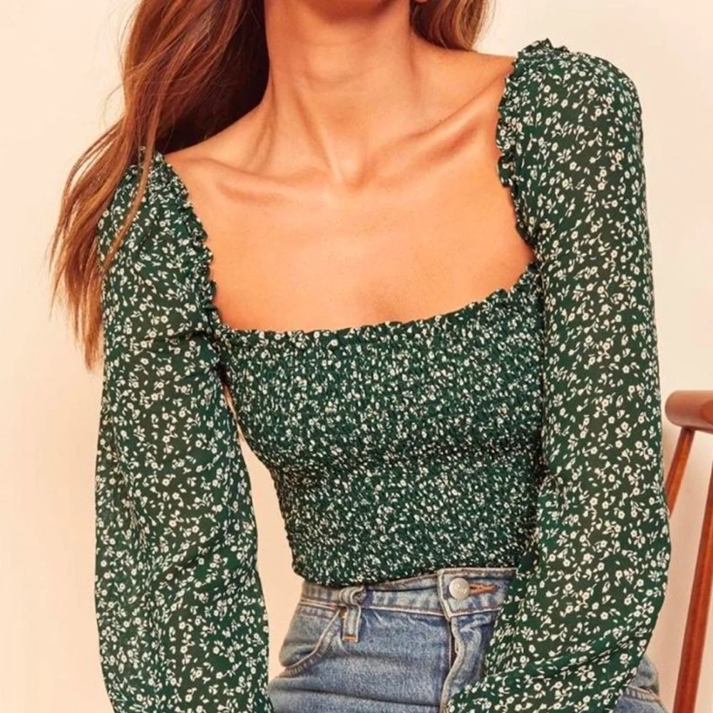 Reformation Floral Green Ditsy Cropped Smocked LS Top Cottage Maiden Sz S